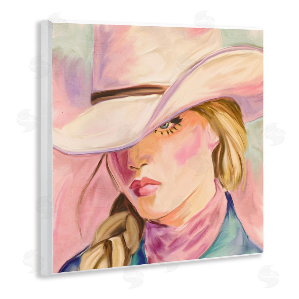 Kim Allen Pastel Cowgirl Gaze Beneath Hat Wooden Wall Plaque Art Print