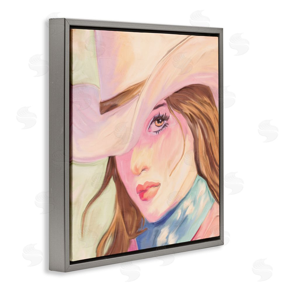 Kim Allen Pastel Cowgirl Brunette Gray Floating Frame Canvas Wall Art Print