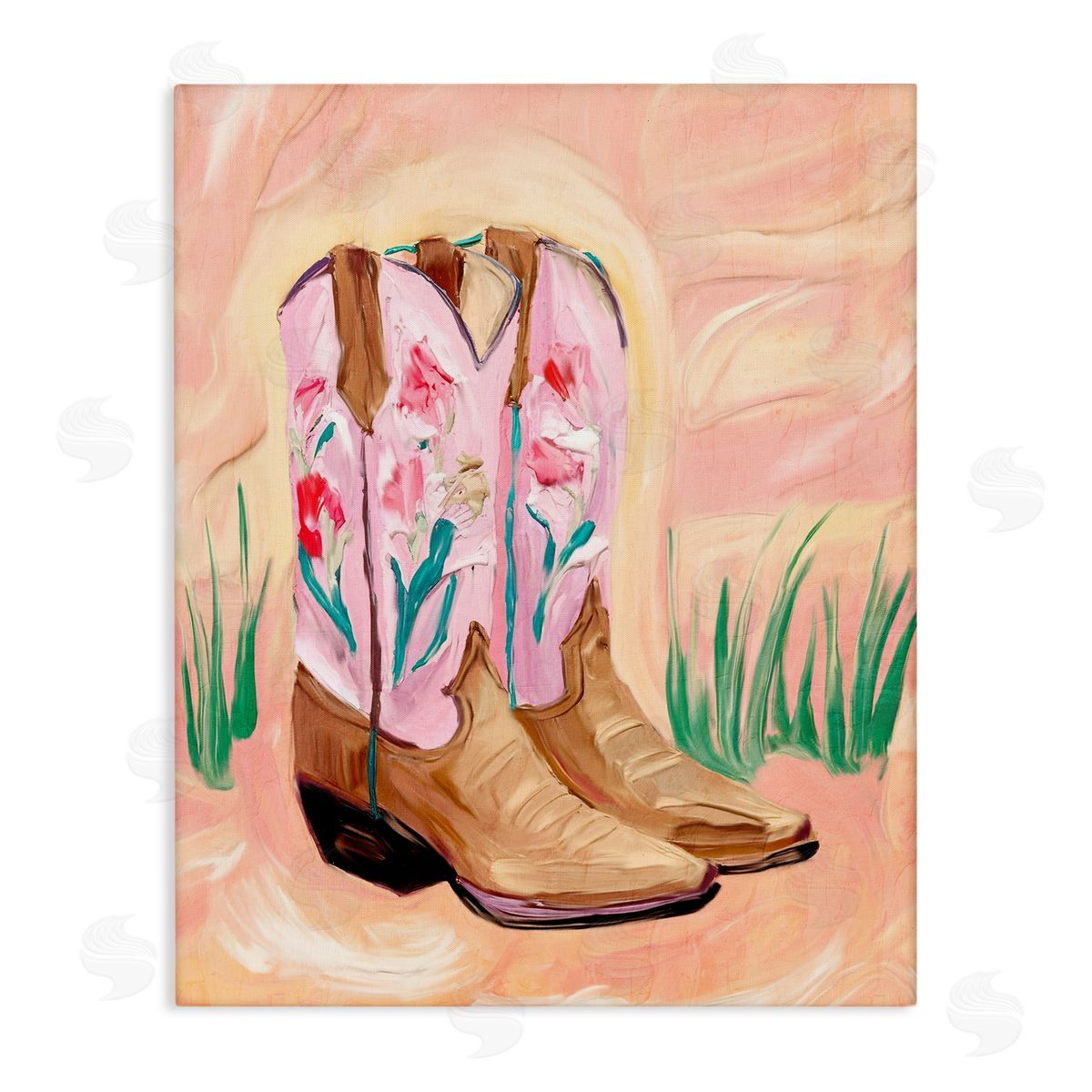 Kim Allen Floral Pinks Boots Stretched Canvas Wall Art Print