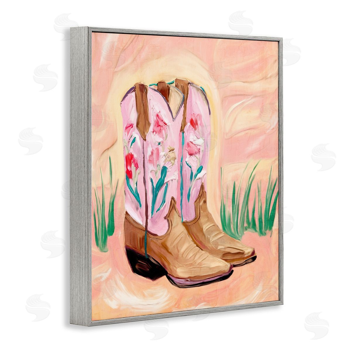 Kim Allen Floral Pinks Boots Gray Framed Giclee Print Wall Art