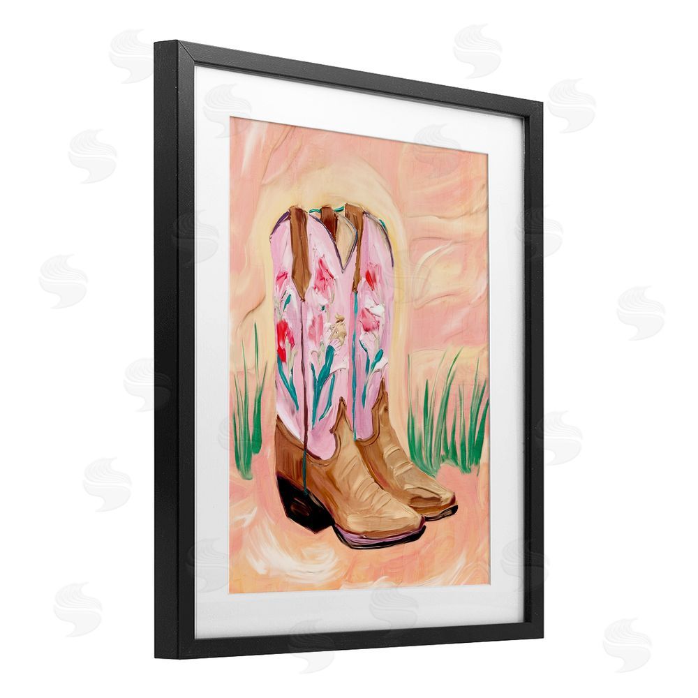 Kim Allen Floral Pinks Boots Black Framed Print Under Glass Wall Art