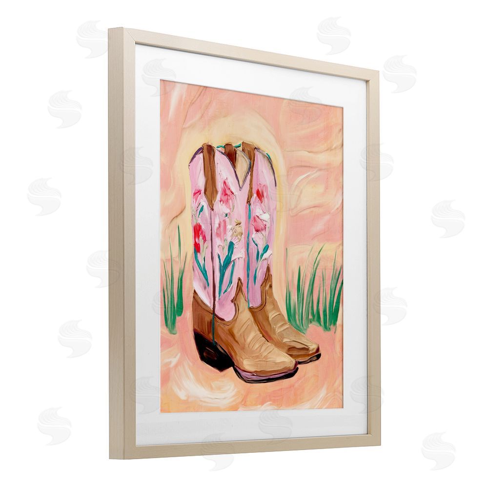 Kim Allen Floral Pinks Boots Brown Framed Print Under Glass Wall Art