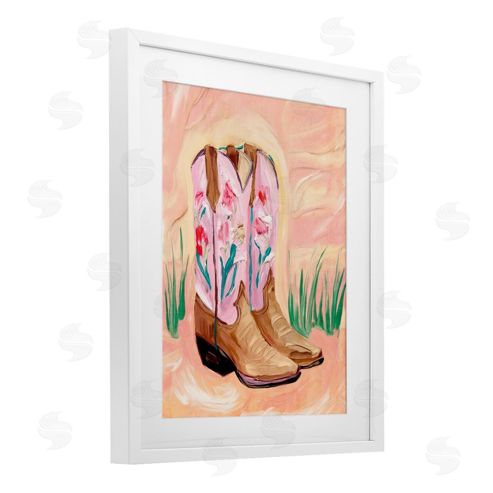 Kim Allen Floral Pinks Boots White Framed Print Under Glass Wall Art