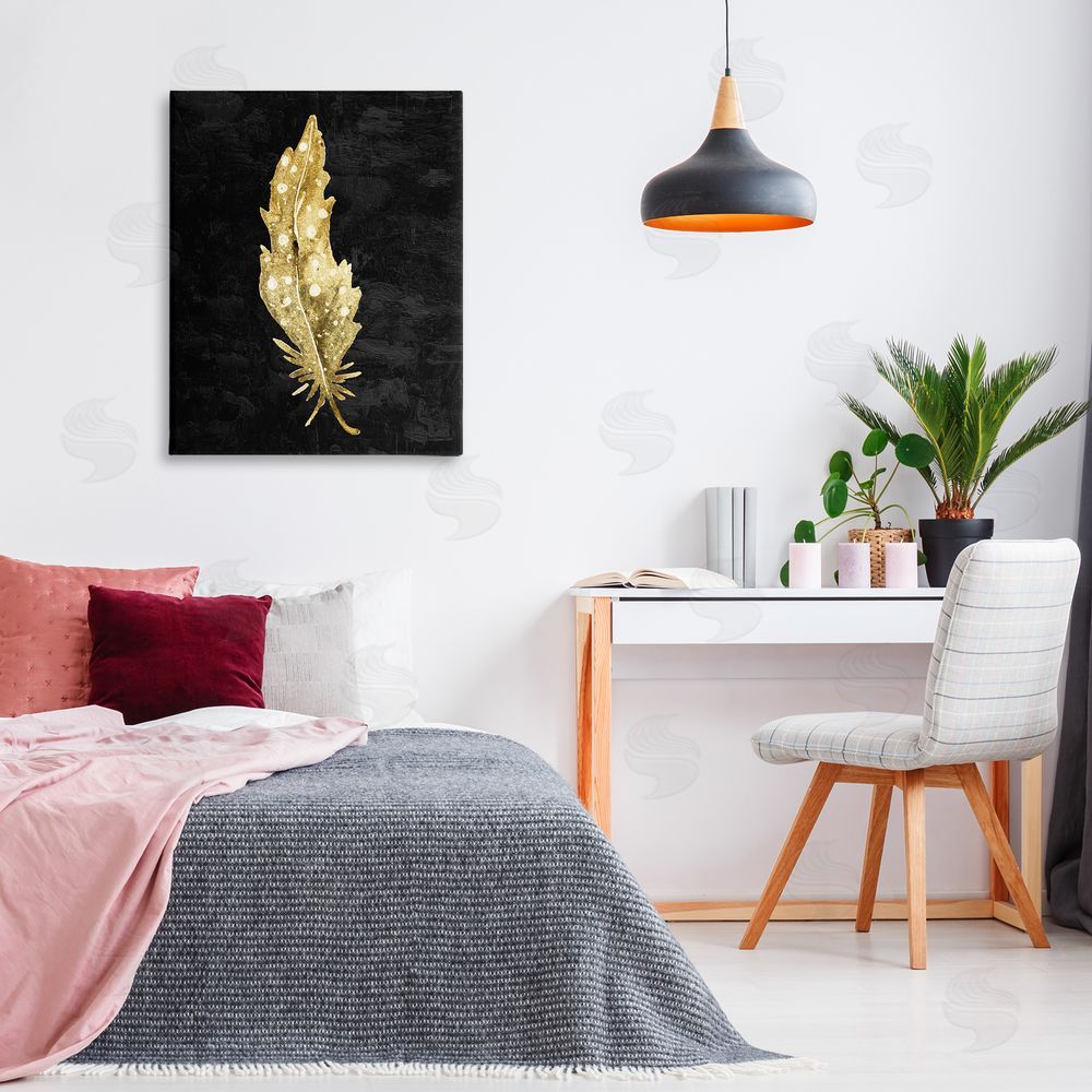 Kim Allen Feather On Black Stretched Canvas Wall Art Print in Room