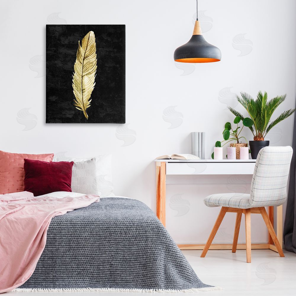 Kim Allen Curved Feather on Black Stretched Canvas Wall Art Print in Room