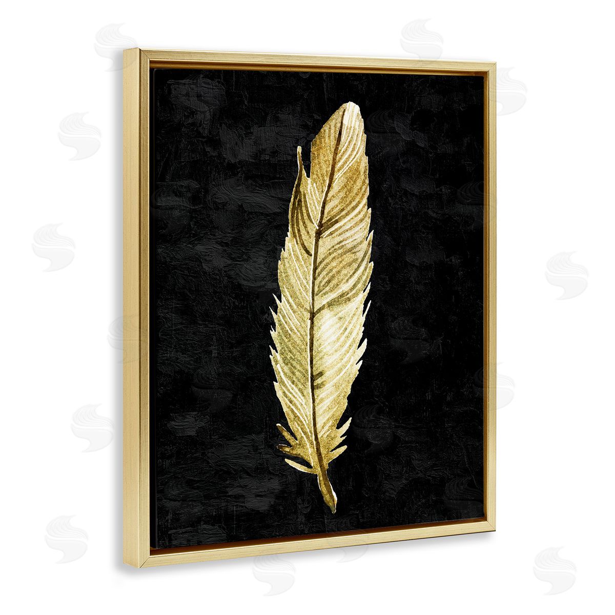 Kim Allen Curved Feather on Black Gold Floating Frame Canvas Wall Art Print