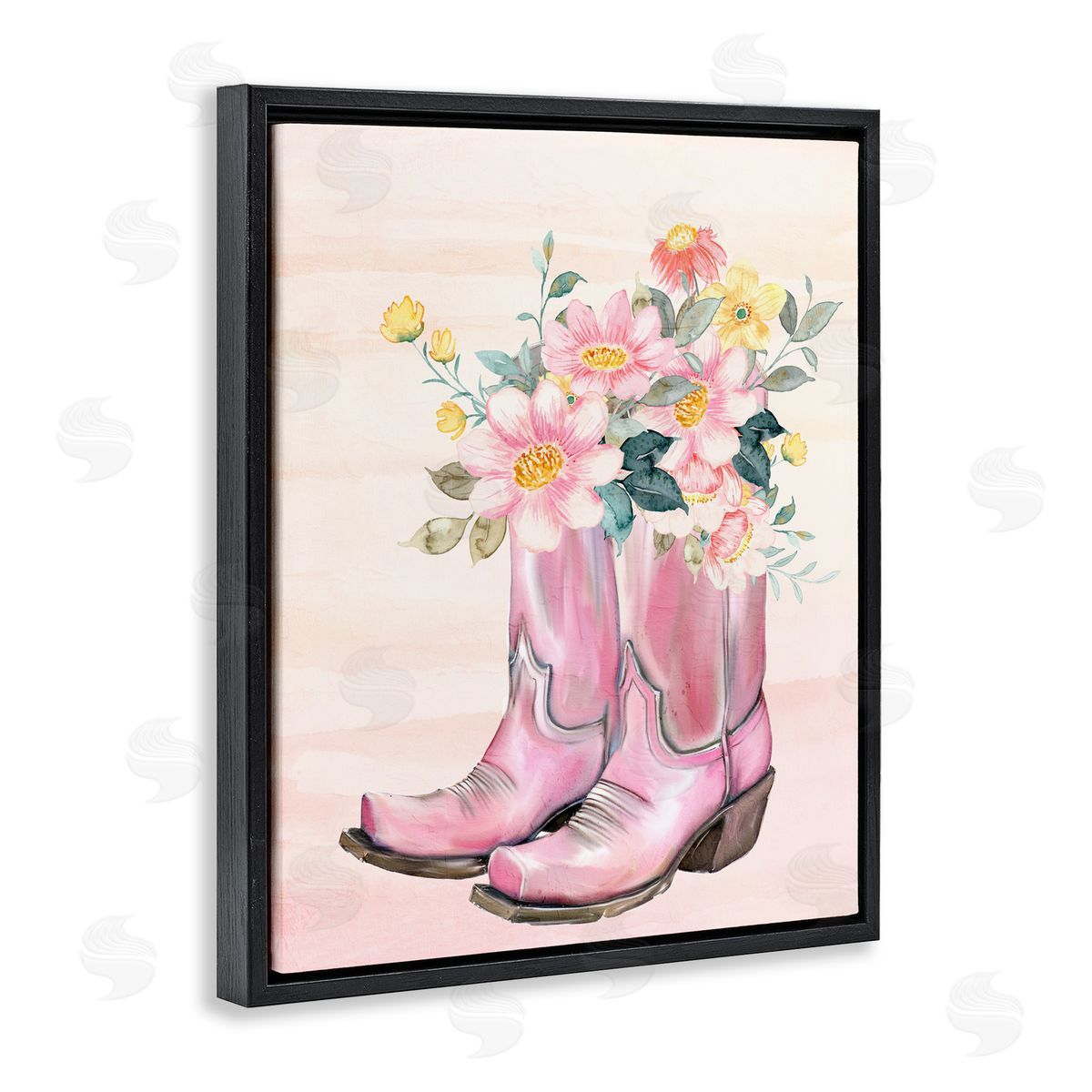 Kim Allen Wildflower Floral Boots Black Floating Frame Canvas Wall Art Print