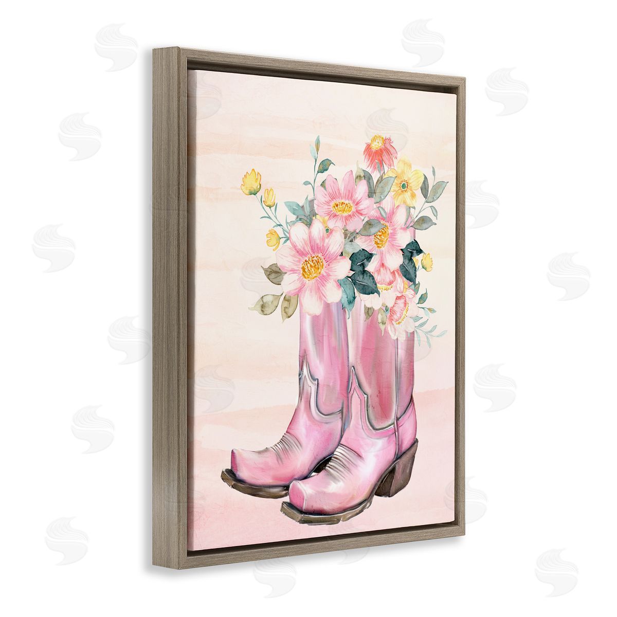 Kim Allen Wildflower Floral Boots Brown Floating Frame Canvas Wall Art Print