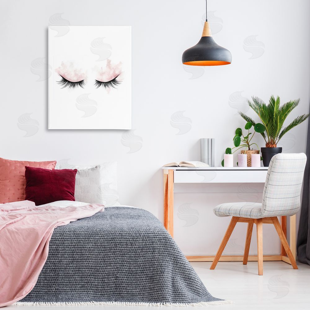 Christine Simpson Art Pastel Pink Makeup & Lashes Stretched Canvas Wall Art Print in Room