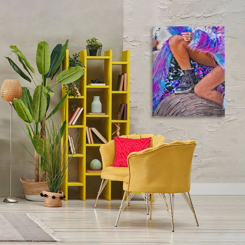 Jesse Keith Purple Fur & Boots Stretched Canvas Wall Art Print in Room