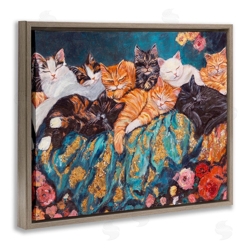 Sara Culpepper Sleepy Kitty Crowd with Flowers Brown Floating Frame Canvas Wall Art Print