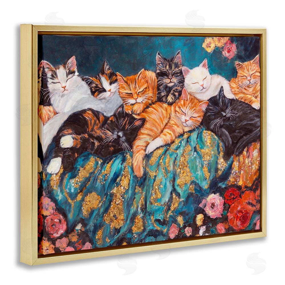 Sara Culpepper Sleepy Kitty Crowd with Flowers Gold Floating Frame Canvas Wall Art Print