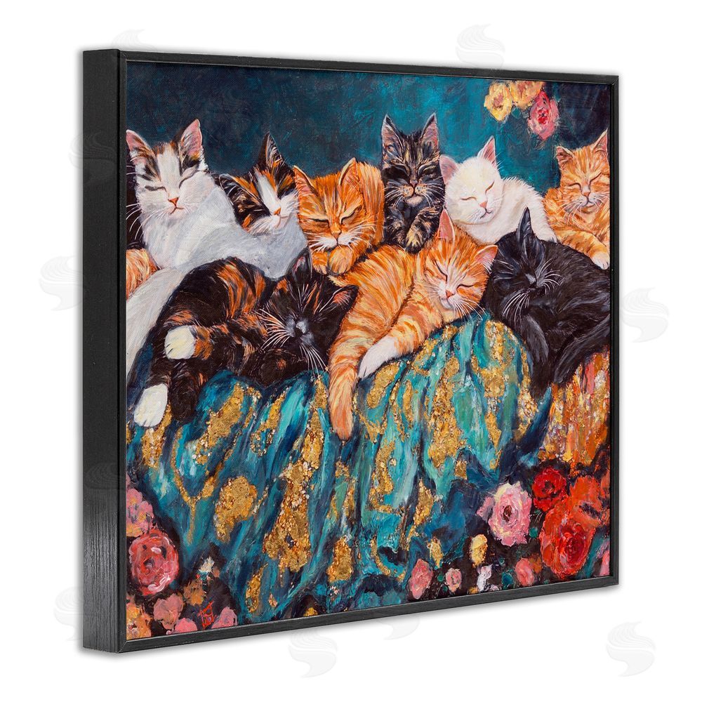 Sara Culpepper Sleepy Kitty Crowd with Flowers Black Framed Giclee Print Wall Art