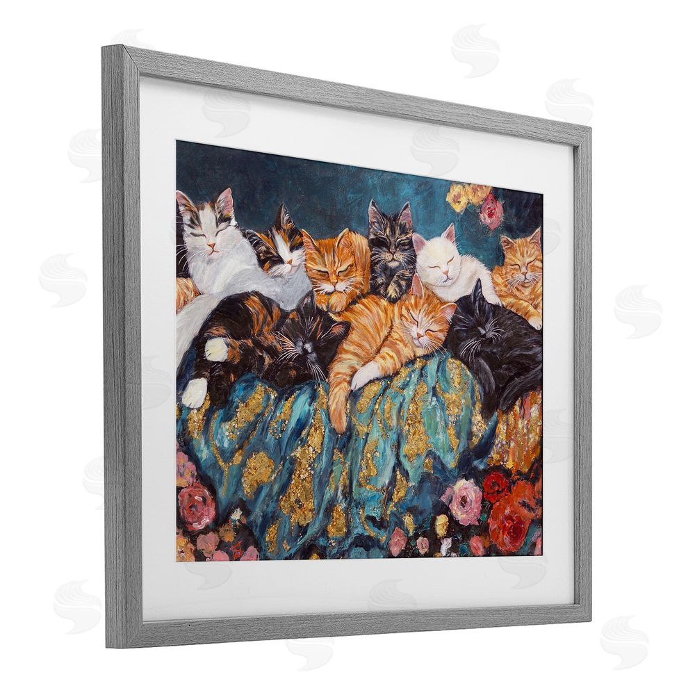 Sara Culpepper Sleepy Kitty Crowd with Flowers Gray Framed Print Under Glass Wall Art