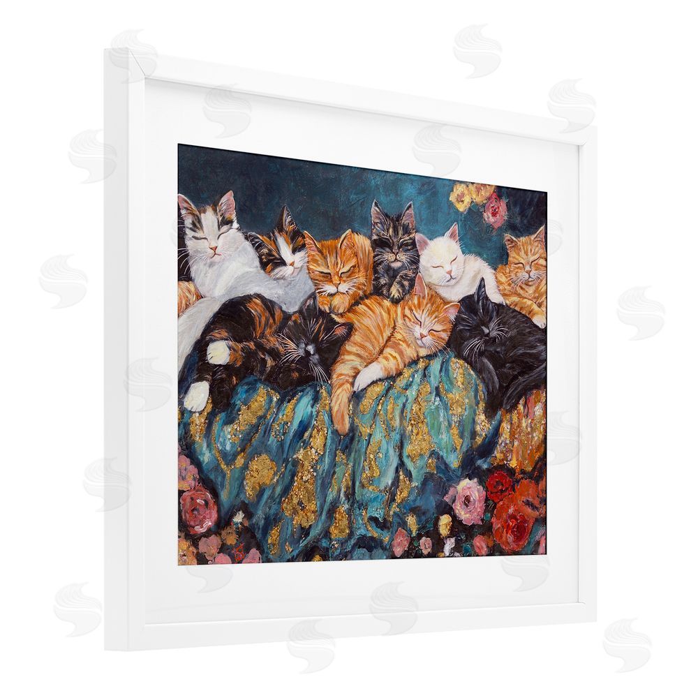 Sara Culpepper Sleepy Kitty Crowd with Flowers White Framed Print Under Glass Wall Art