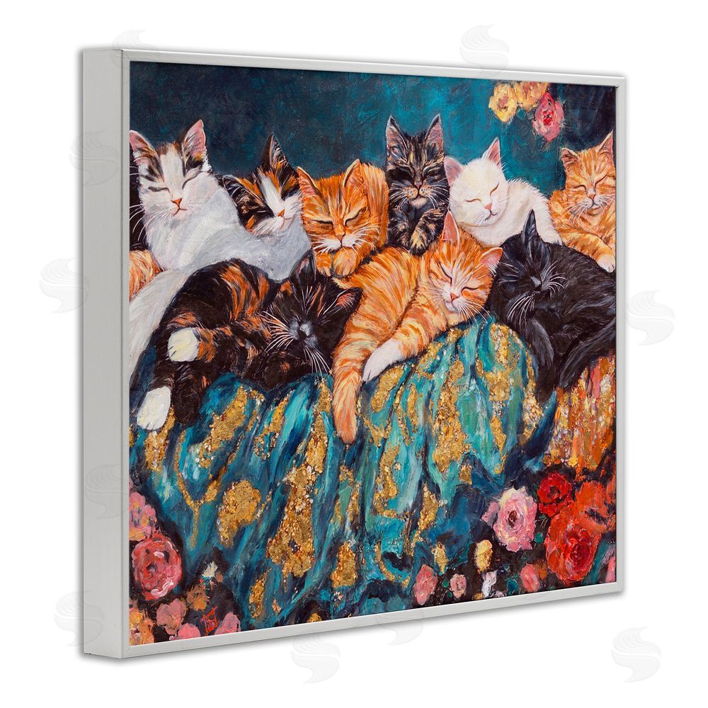 Sara Culpepper Sleepy Kitty Crowd with Flowers White Framed Giclee Print Wall Art
