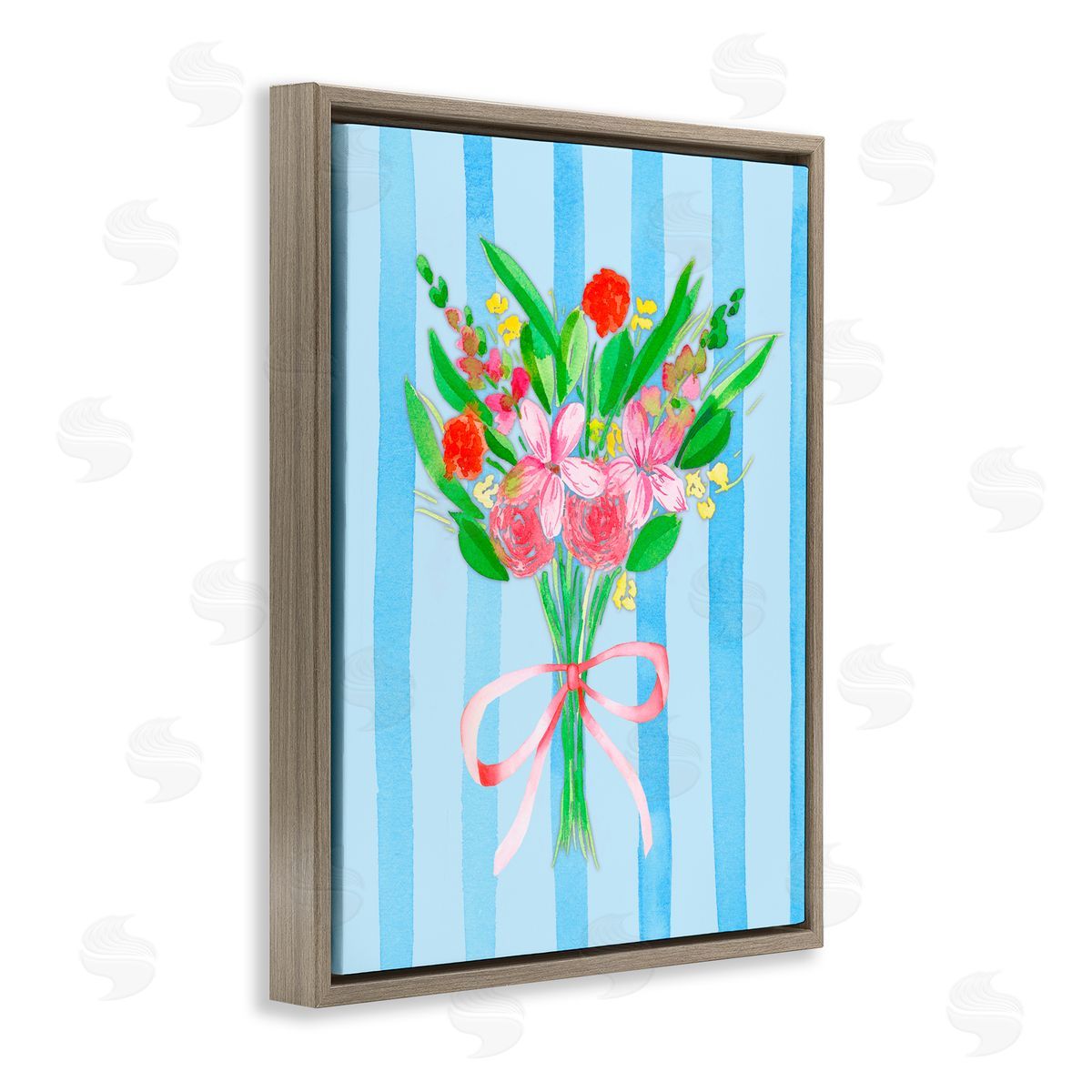Nina Jacobs Blue and Pink Bouquet & Bow Brown Floating Frame Canvas Wall Art Print