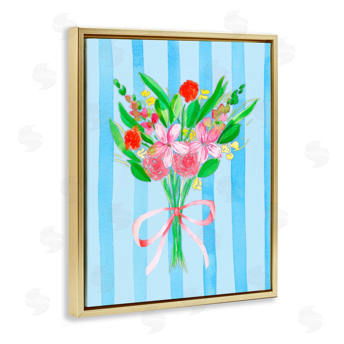 Nina Jacobs Blue and Pink Bouquet & Bow Gold Floating Frame Canvas Wall Art Print