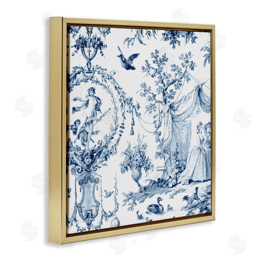 Vintage Hustle Classic Toile Scene Gold Floating Frame Canvas Wall Art Print