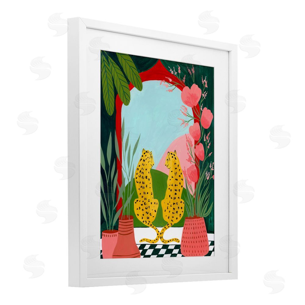 Nabeela Rumi Twin Leopard & Plants White Framed Print Under Glass Wall Art