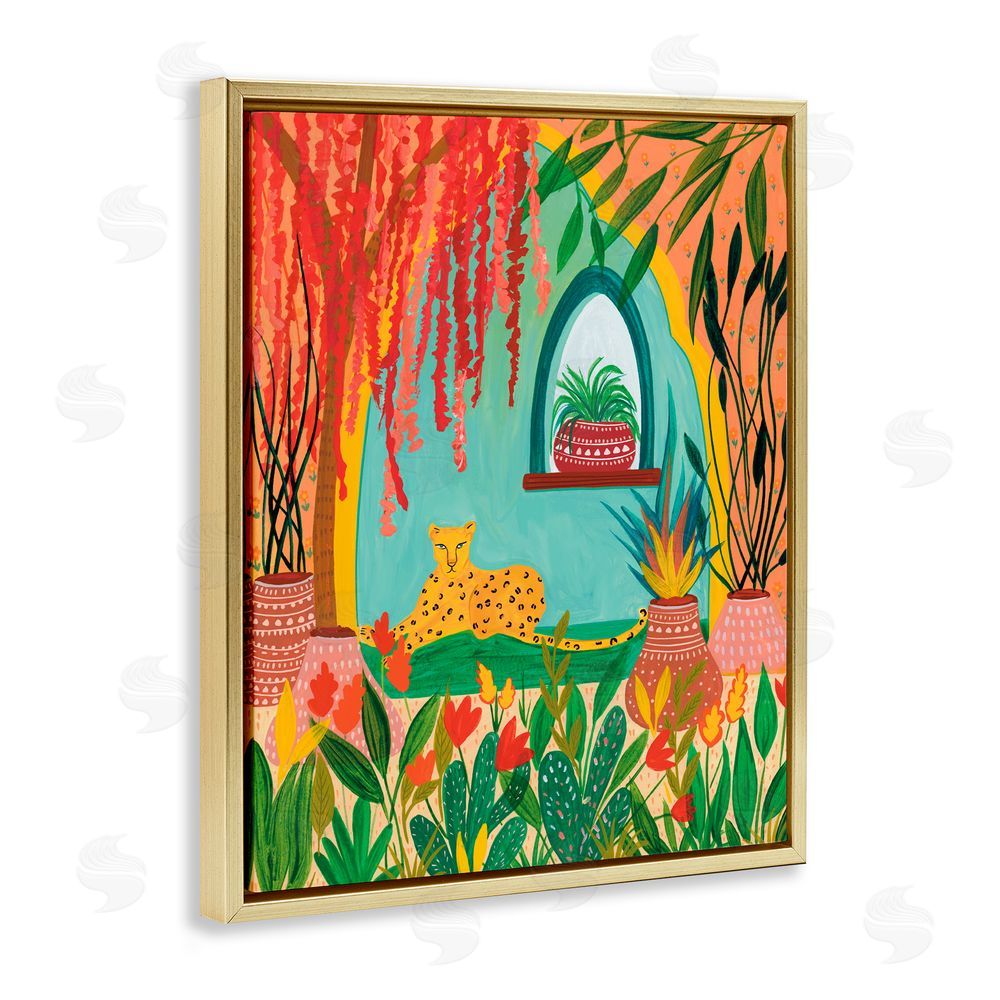 Nabeela Rumi Lone Leopard Among Botanicals Gold Floating Frame Canvas Wall Art Print