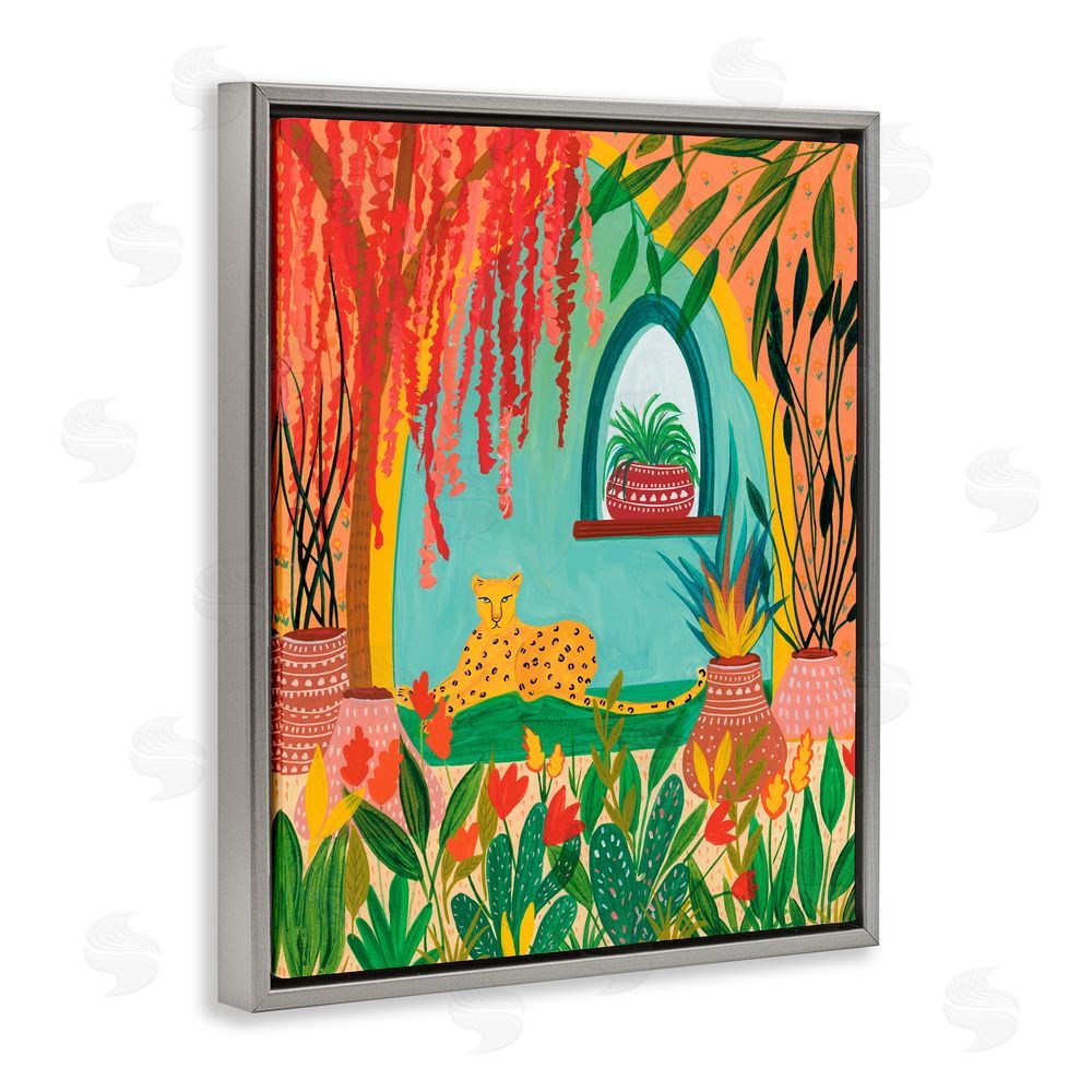 Nabeela Rumi Lone Leopard Among Botanicals Gray Floating Frame Canvas Wall Art Print