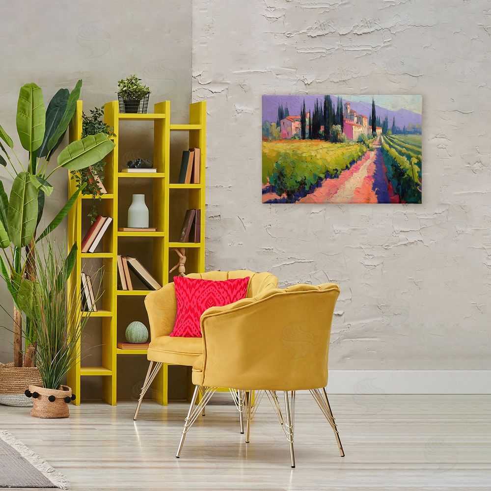 Annabelle Hall Purple Mountains Village Stretched Canvas Wall Art Print in Room