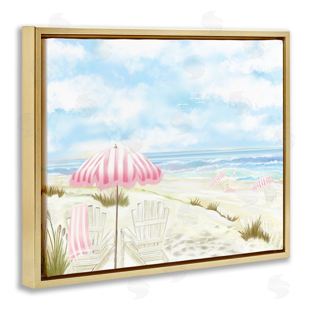 Lori Mosley Seascape with Pink Umbrella Gold Floating Frame Canvas Wall Art Print