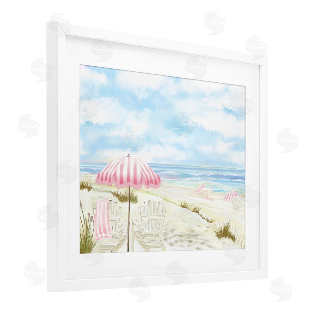 Lori Mosley Seascape with Pink Umbrella White Framed Print Under Glass Wall Art
