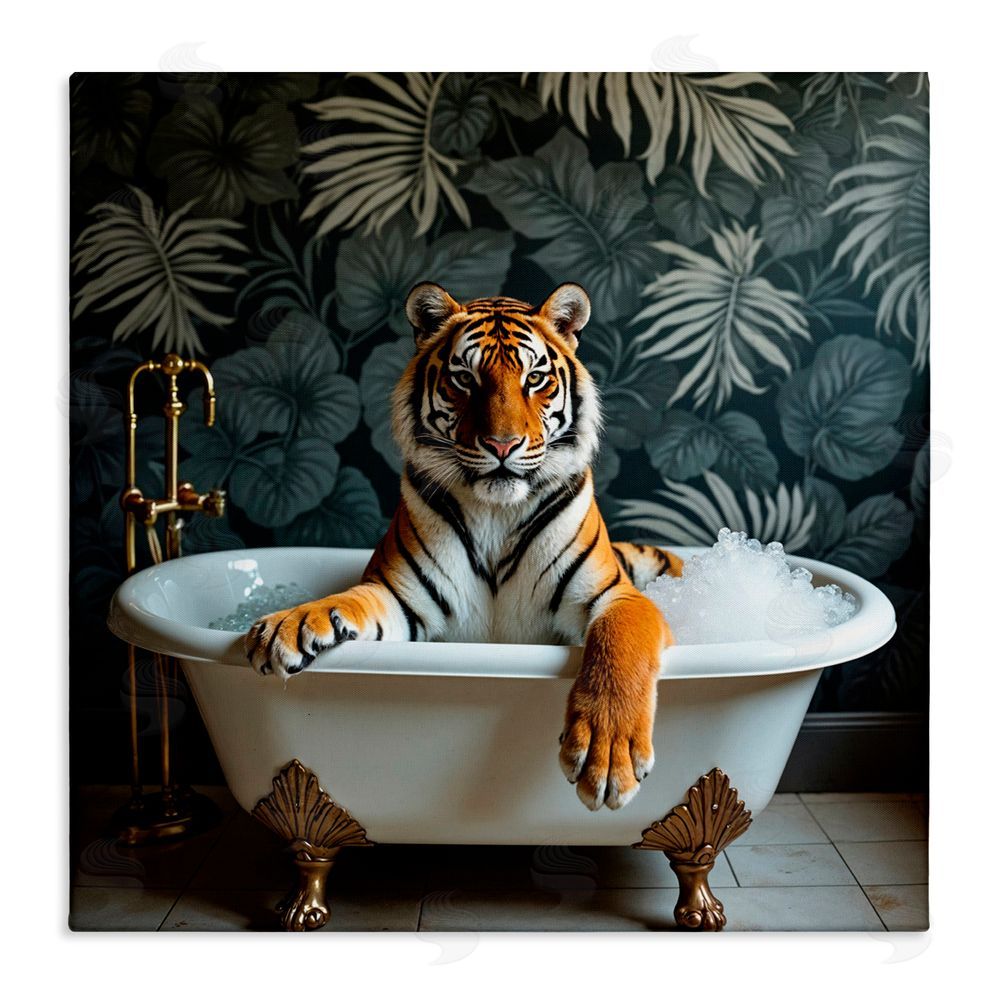 Lettered and Lined Tiger in Exotic Bubble Bath Stretched Canvas Wall Art Print