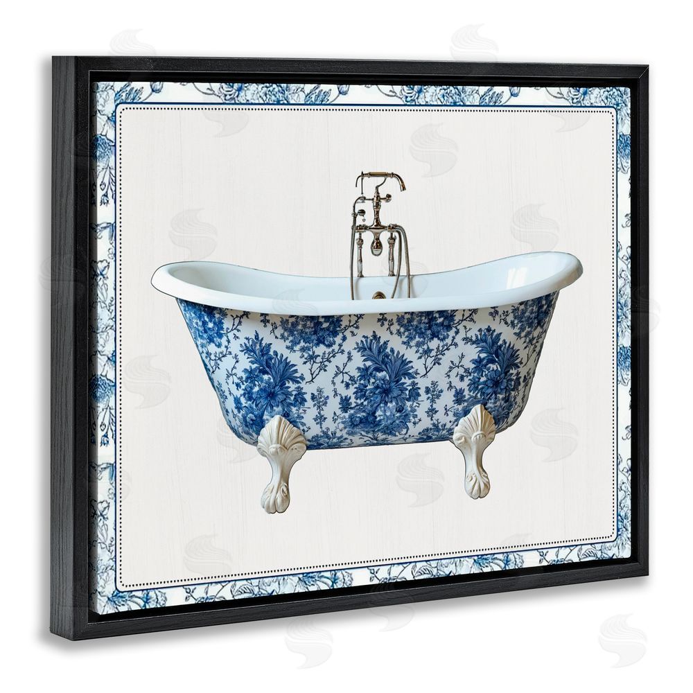 Lettered and Lined Vintage Chinoiserie Bathtub Black Floating Frame Canvas Wall Art Print