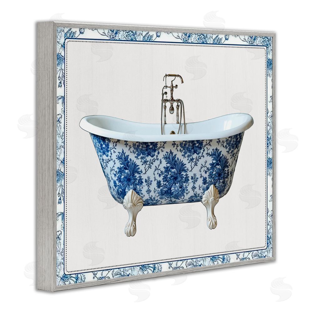 Lettered and Lined Vintage Chinoiserie Bathtub Gray Framed Giclee Print Wall Art
