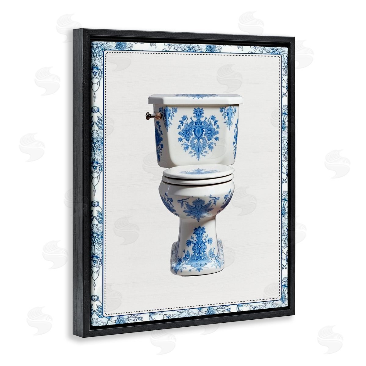 Lettered and Lined Vintage Chinoiserie Toilet Black Floating Frame Canvas Wall Art Print
