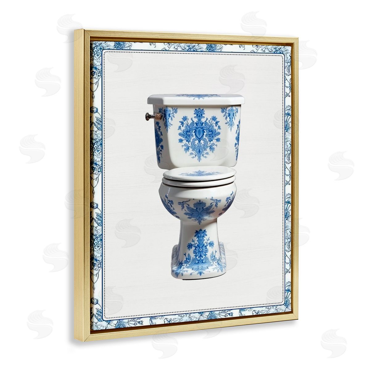 Lettered and Lined Vintage Chinoiserie Toilet Gold Floating Frame Canvas Wall Art Print