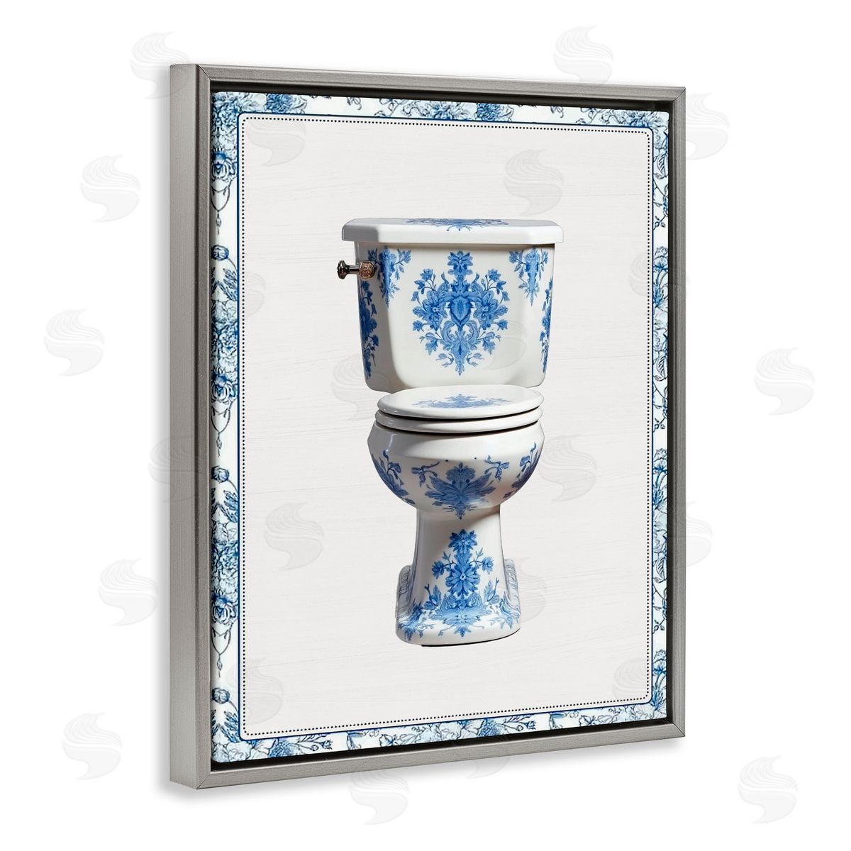 Lettered and Lined Vintage Chinoiserie Toilet Gray Floating Frame Canvas Wall Art Print