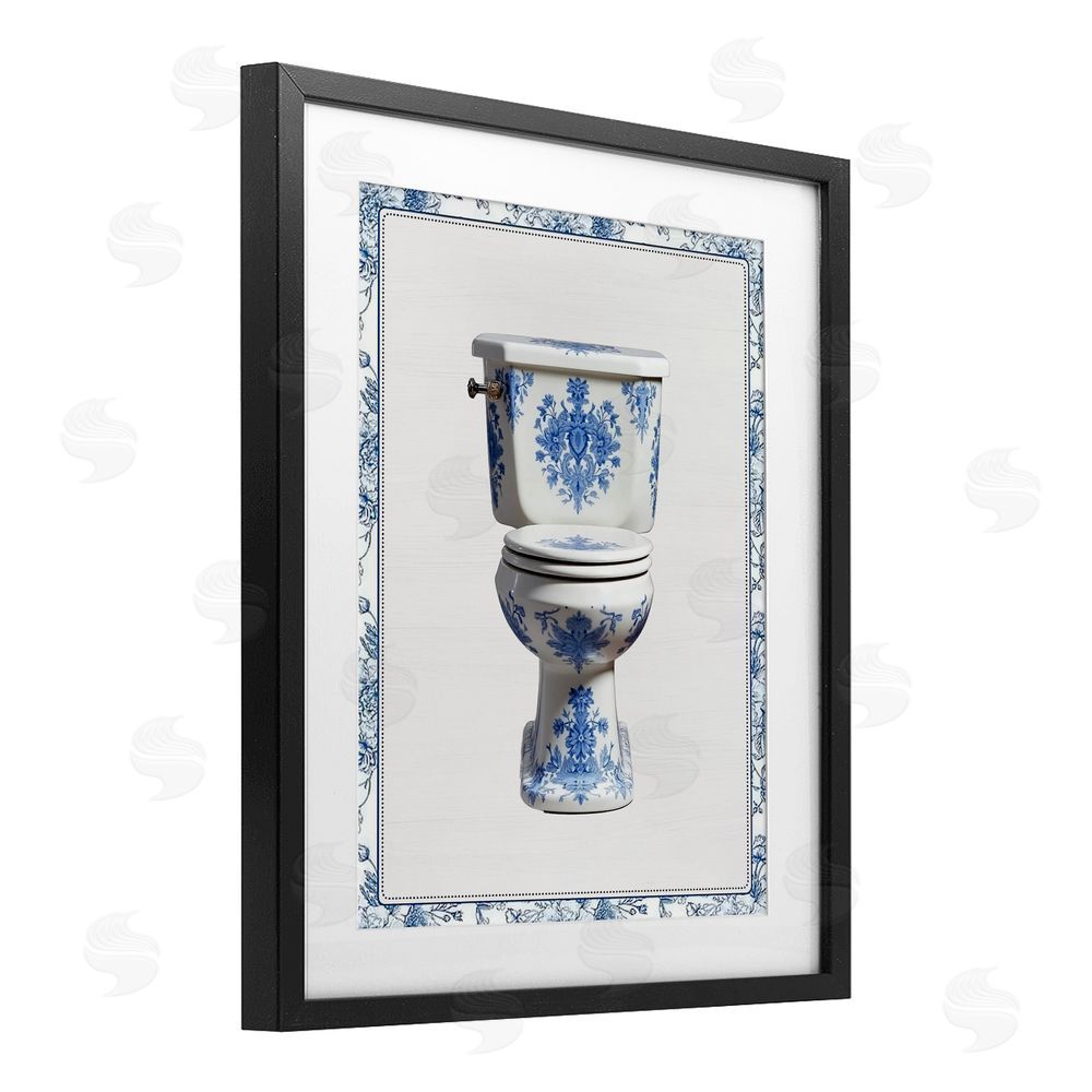 Lettered and Lined Vintage Chinoiserie Toilet Black Framed Print Under Glass Wall Art