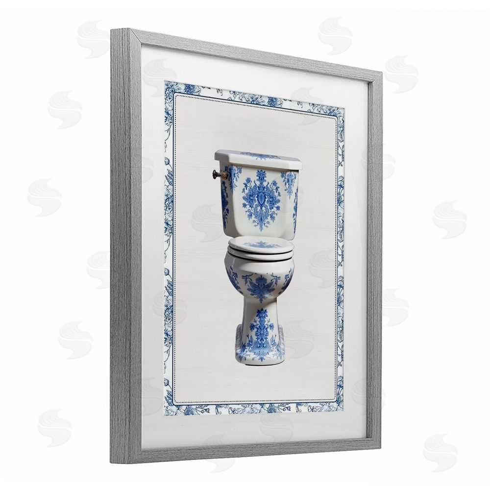 Lettered and Lined Vintage Chinoiserie Toilet Gray Framed Print Under Glass Wall Art