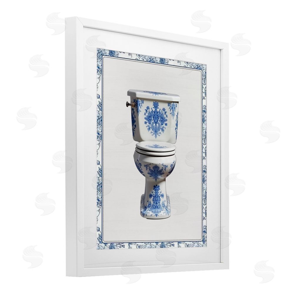 Lettered and Lined Vintage Chinoiserie Toilet White Framed Print Under Glass Wall Art