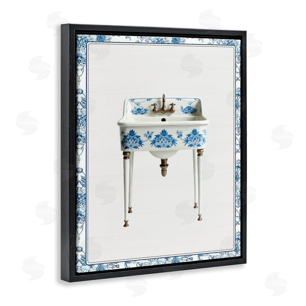 Lettered and Lined Vintage Chinoiserie Sink Black Floating Frame Canvas Wall Art Print