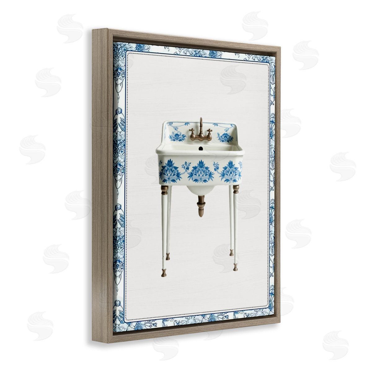 Lettered and Lined Vintage Chinoiserie Sink Brown Floating Frame Canvas Wall Art Print