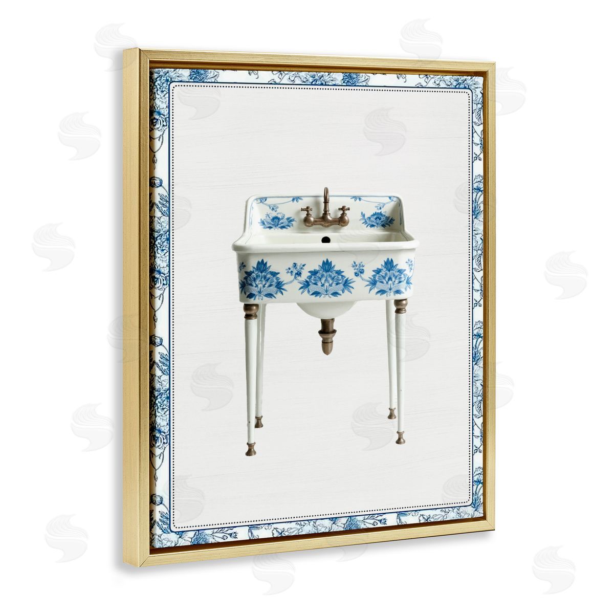 Lettered and Lined Vintage Chinoiserie Sink Gold Floating Frame Canvas Wall Art Print