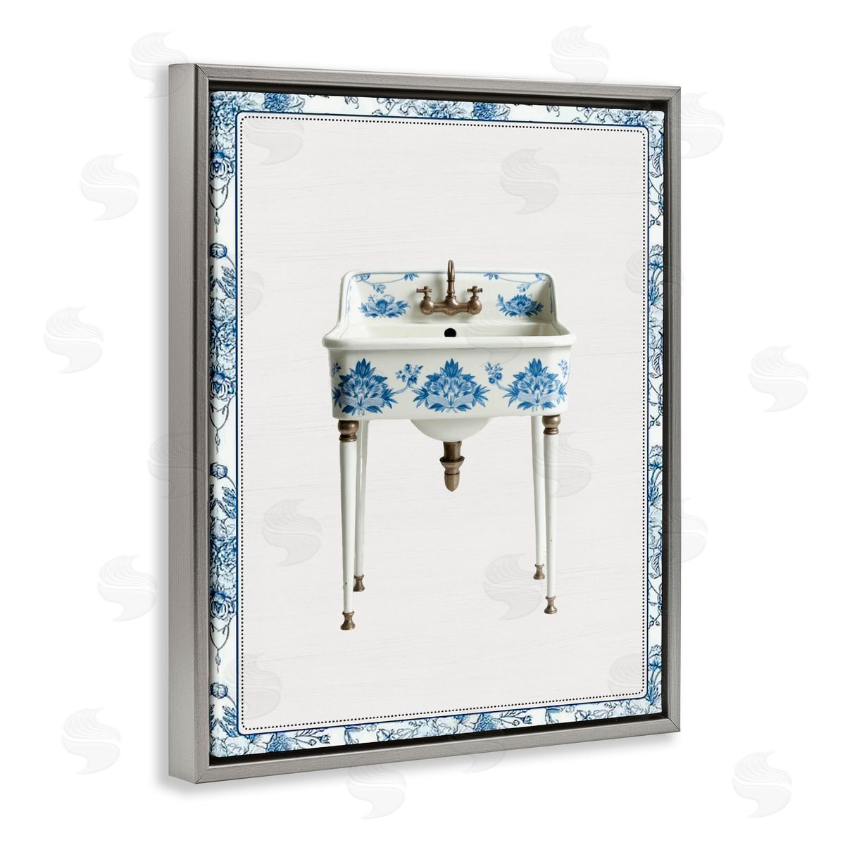 Lettered and Lined Vintage Chinoiserie Sink Gray Floating Frame Canvas Wall Art Print