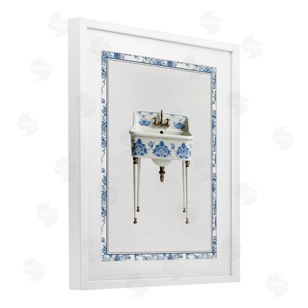 Lettered and Lined Vintage Chinoiserie Sink White Framed Print Under Glass Wall Art