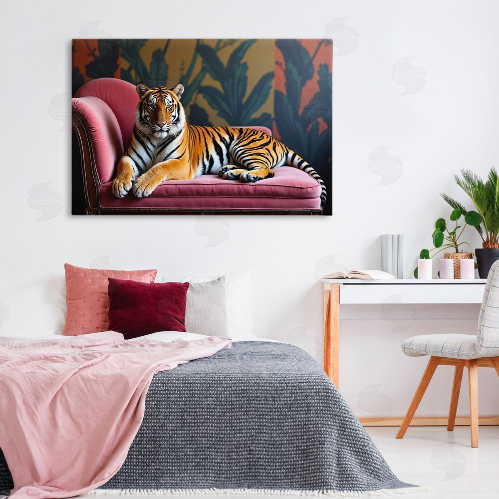 Lettered and Lined Exotic Tiger Lounging Stretched Canvas Wall Art Print in Room