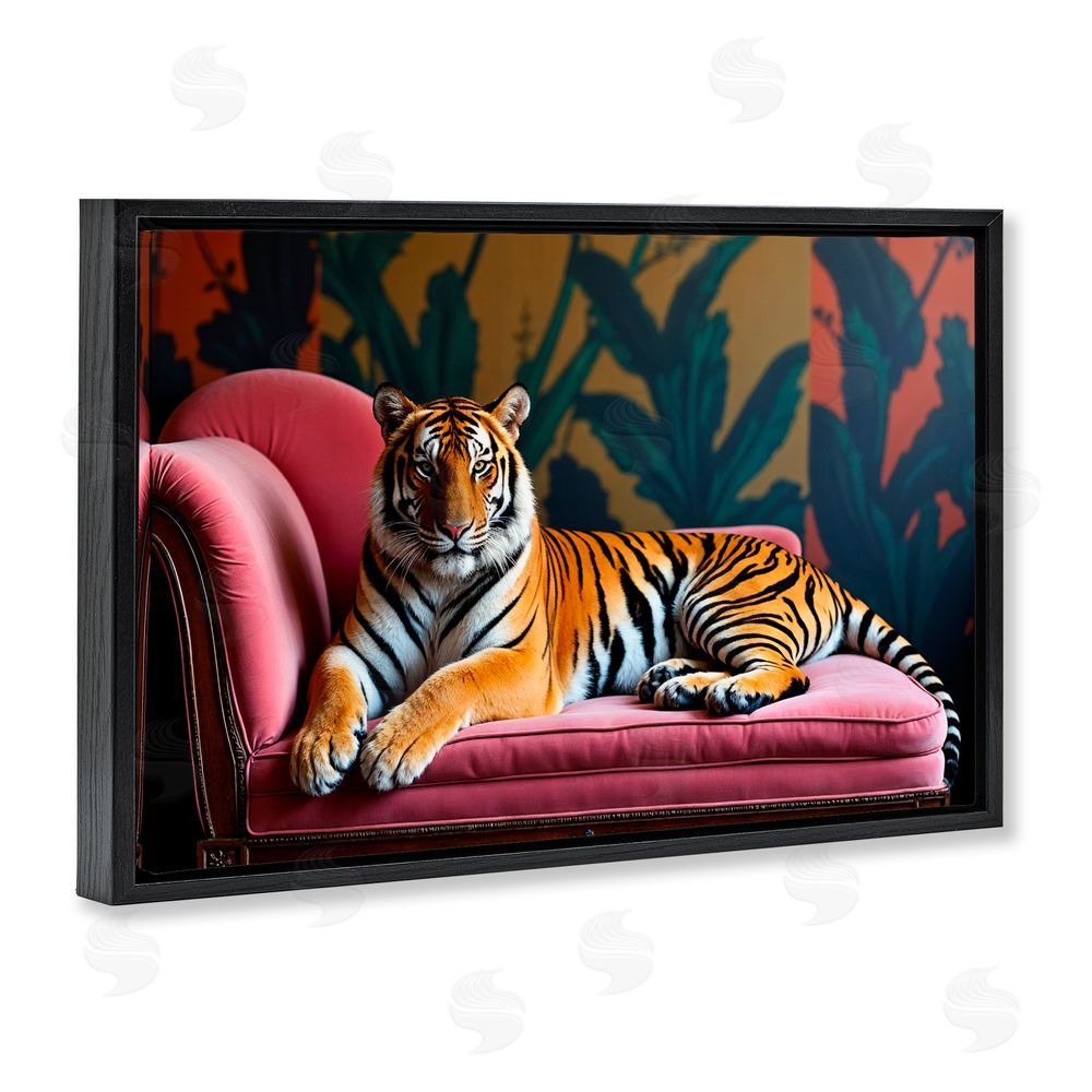 Lettered and Lined Exotic Tiger Lounging Black Floating Frame Canvas Wall Art Print