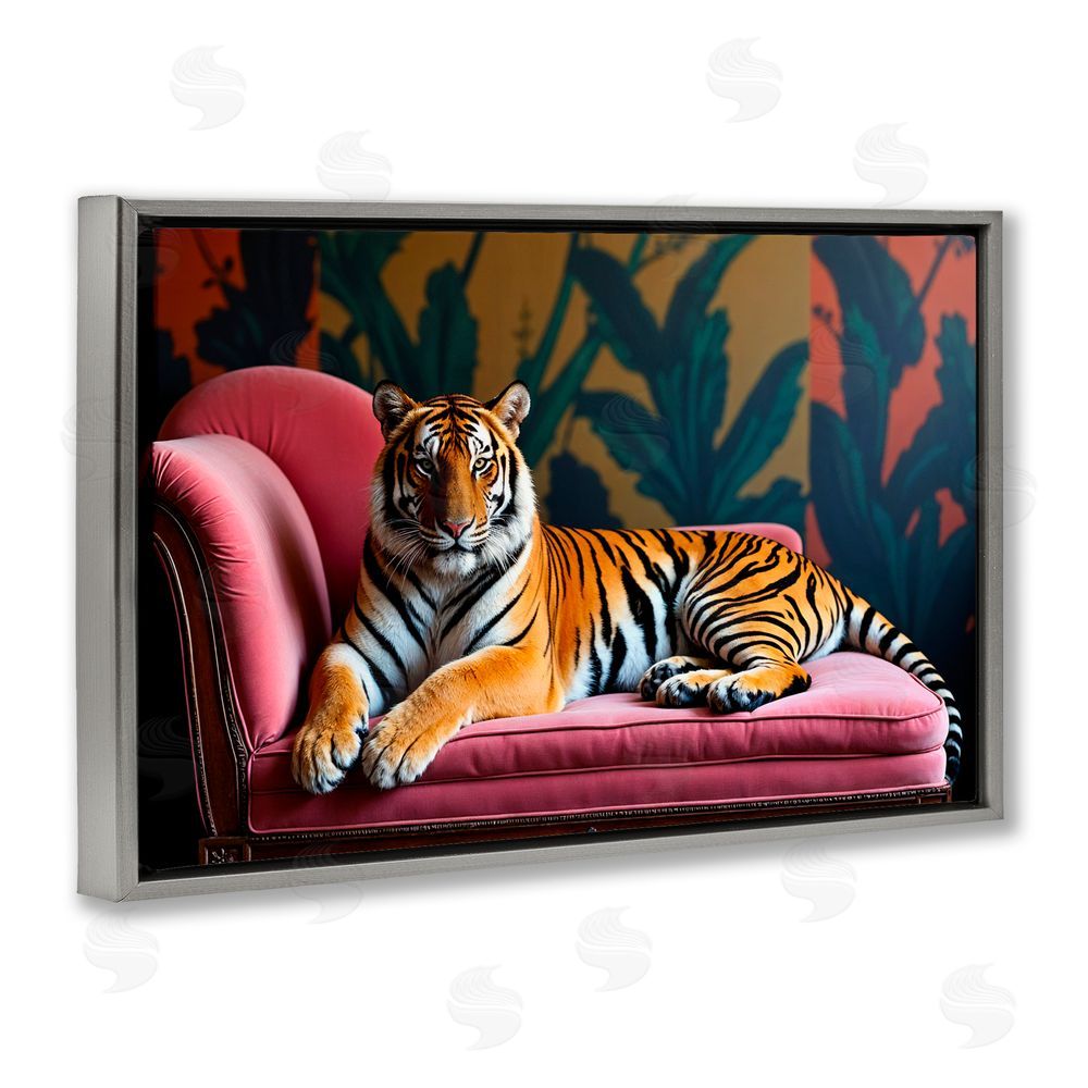 Lettered and Lined Exotic Tiger Lounging Gray Floating Frame Canvas Wall Art Print