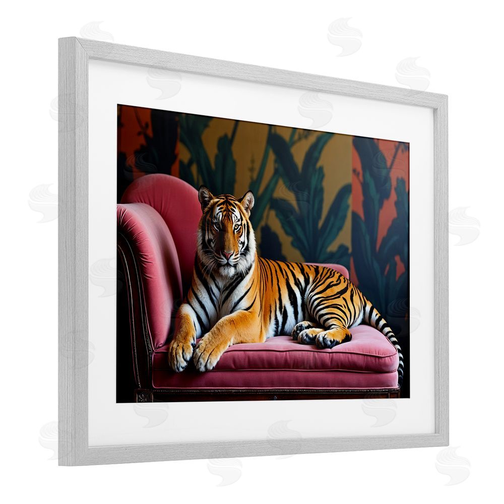 Lettered and Lined Exotic Tiger Lounging Gray Framed Print Under Glass Wall Art