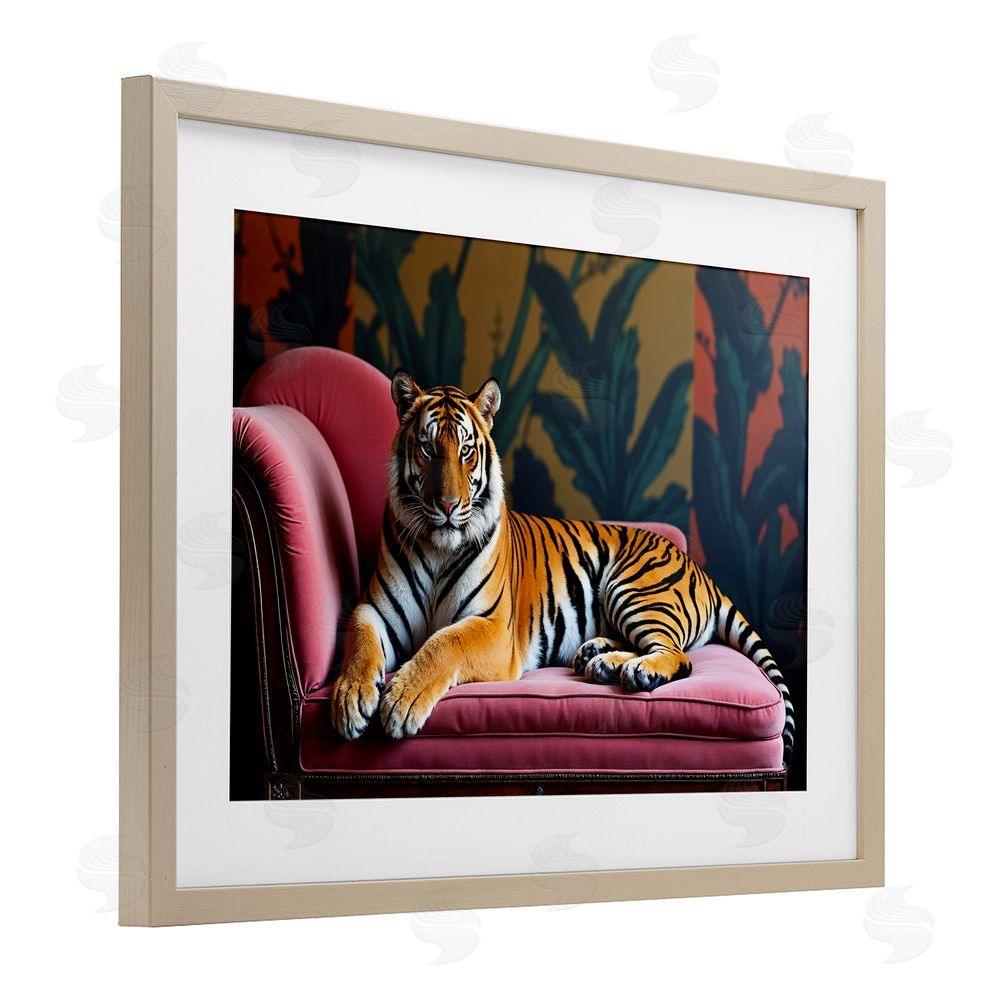 Lettered and Lined Exotic Tiger Lounging Brown Framed Print Under Glass Wall Art