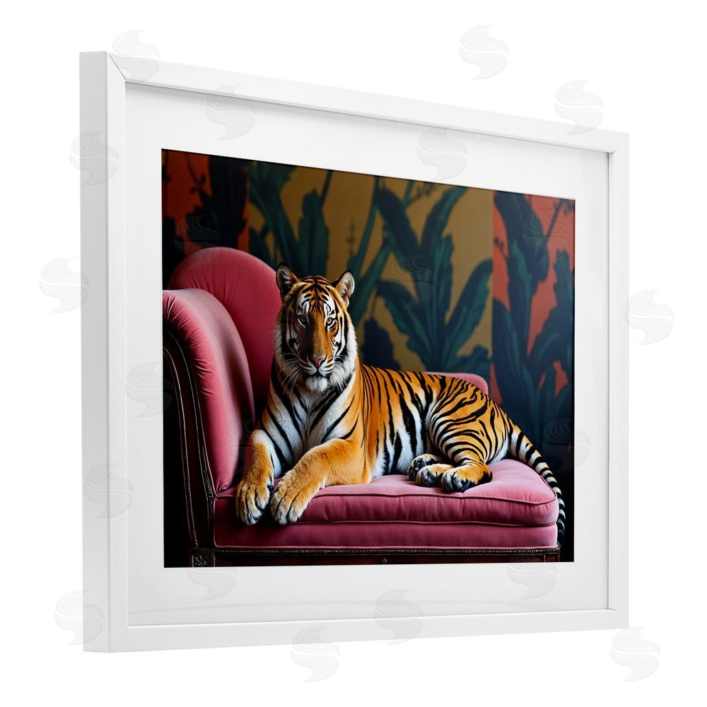 Lettered and Lined Exotic Tiger Lounging White Framed Print Under Glass Wall Art