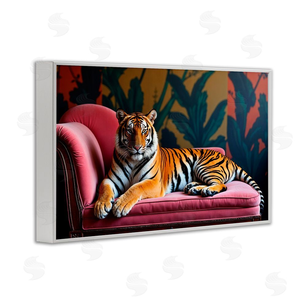 Lettered and Lined Exotic Tiger Lounging White Framed Giclee Print Wall Art